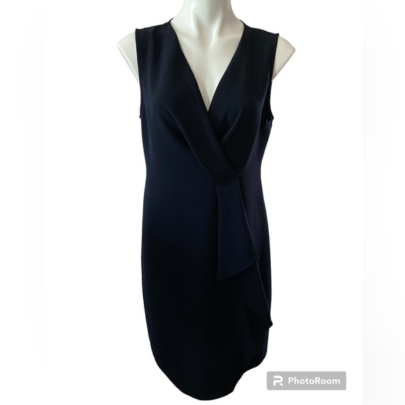 DKNY Navy Blue Sleeveless Cocktail Dress With Knee Length Plunging Neckline - Picture 1 of 6
